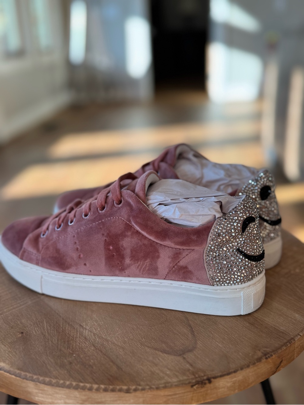 Lola Cruz Women’s Dusty Rose Velvet Sneaker with Crystal Heel Accent